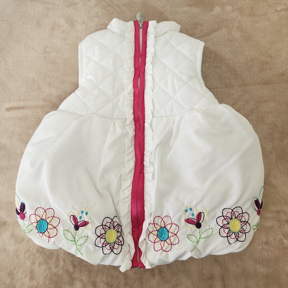 Kids Headquarters Girls White Quilted Puffer Vest Floral Bubble Hem Size 4
